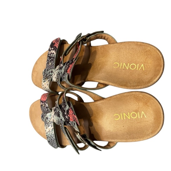 VIONIC PARK RADIA SNAKE PRINT LEATHER SANDAL LOW WEDGE TRIPLE STRAP 8 39 M NEW - Picture 3 of 9